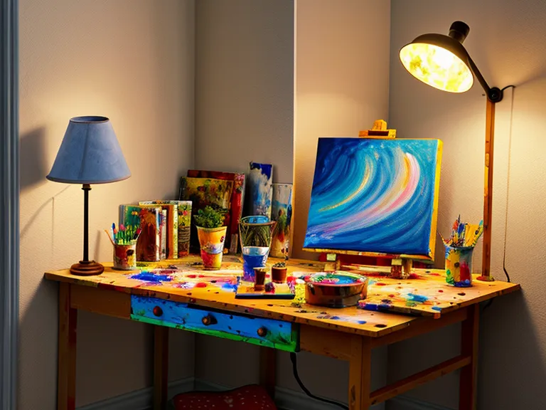 Rincón de pintura acogedor por la noche con una obra terminada.