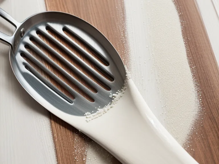 Primer plano de una espátula de acero extendiendo gesso blanco sobre madera.