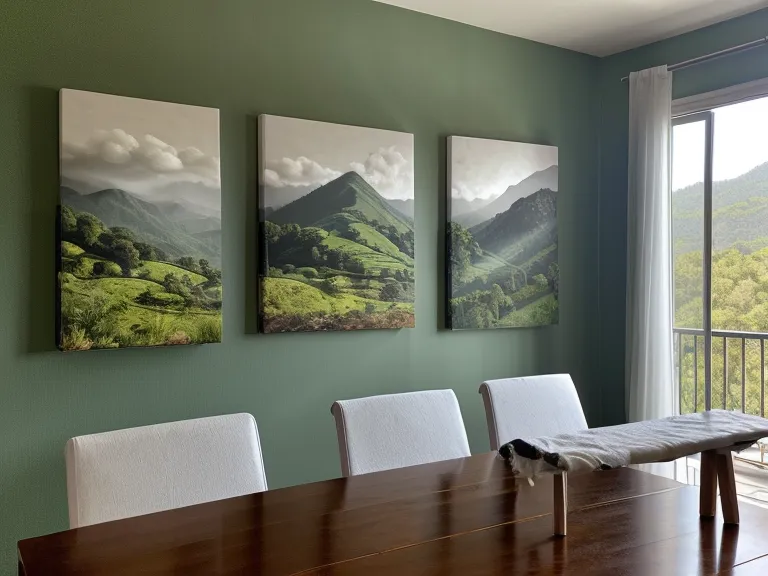 Lienzos secándose sobre una mesa de comedor en un apartamento pequeño con el balcón abierto